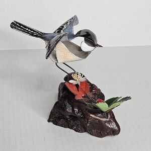 Norman Brumm Enamel Bird Sculpure on Burlwood With Flowers